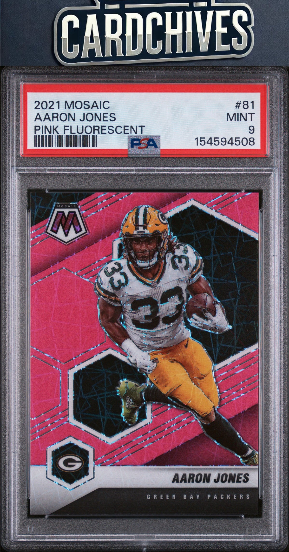 Aaron Jones 2021 Mosaic #81 Prizm Pink Fluorescent #/10 PSA 9 MINT BOOKEND #1