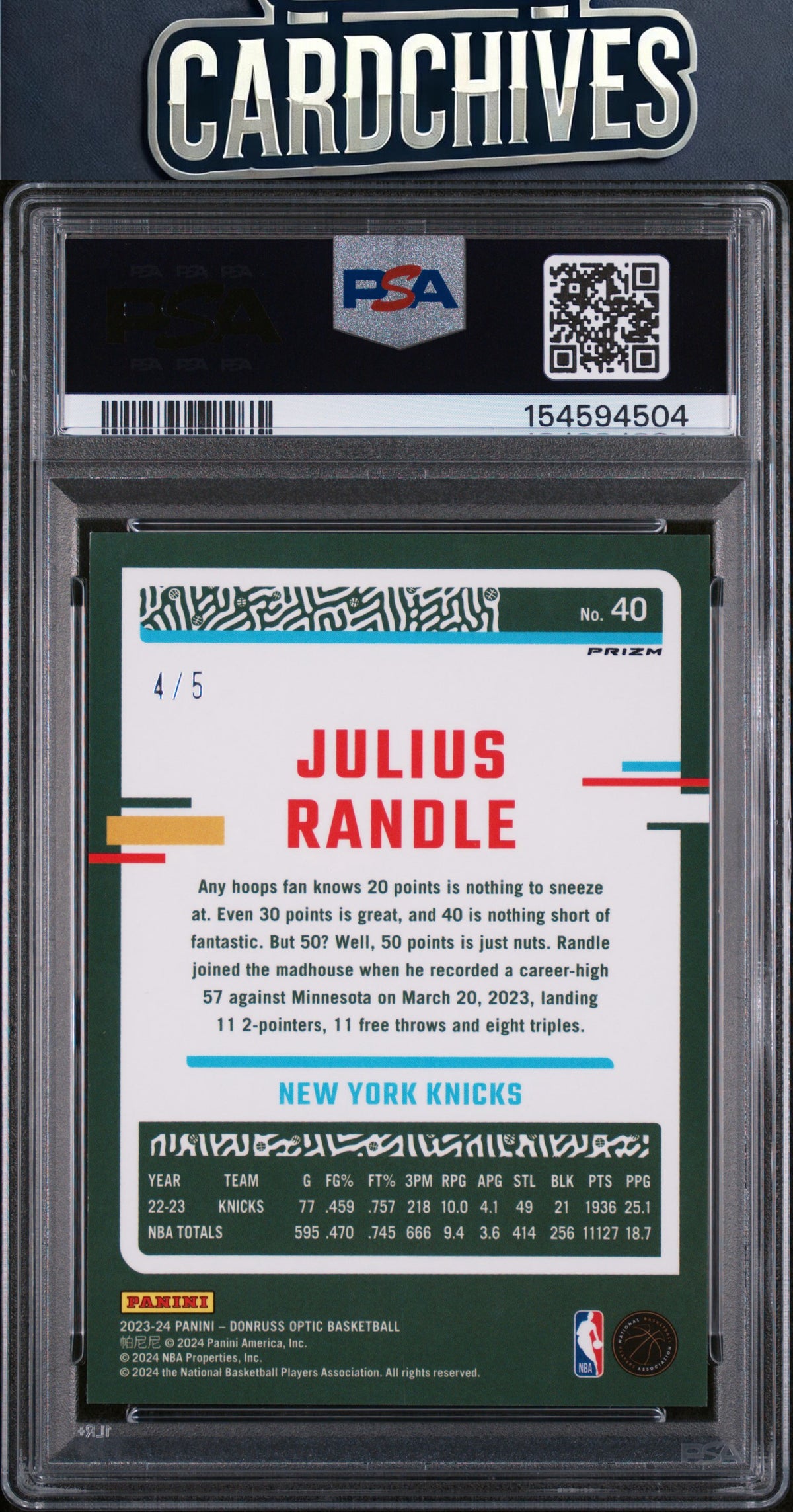 Julius Randle 2023-24 Donruss Optic #40 Fast Break Neon Green #/5 PSA 10 GEM MT