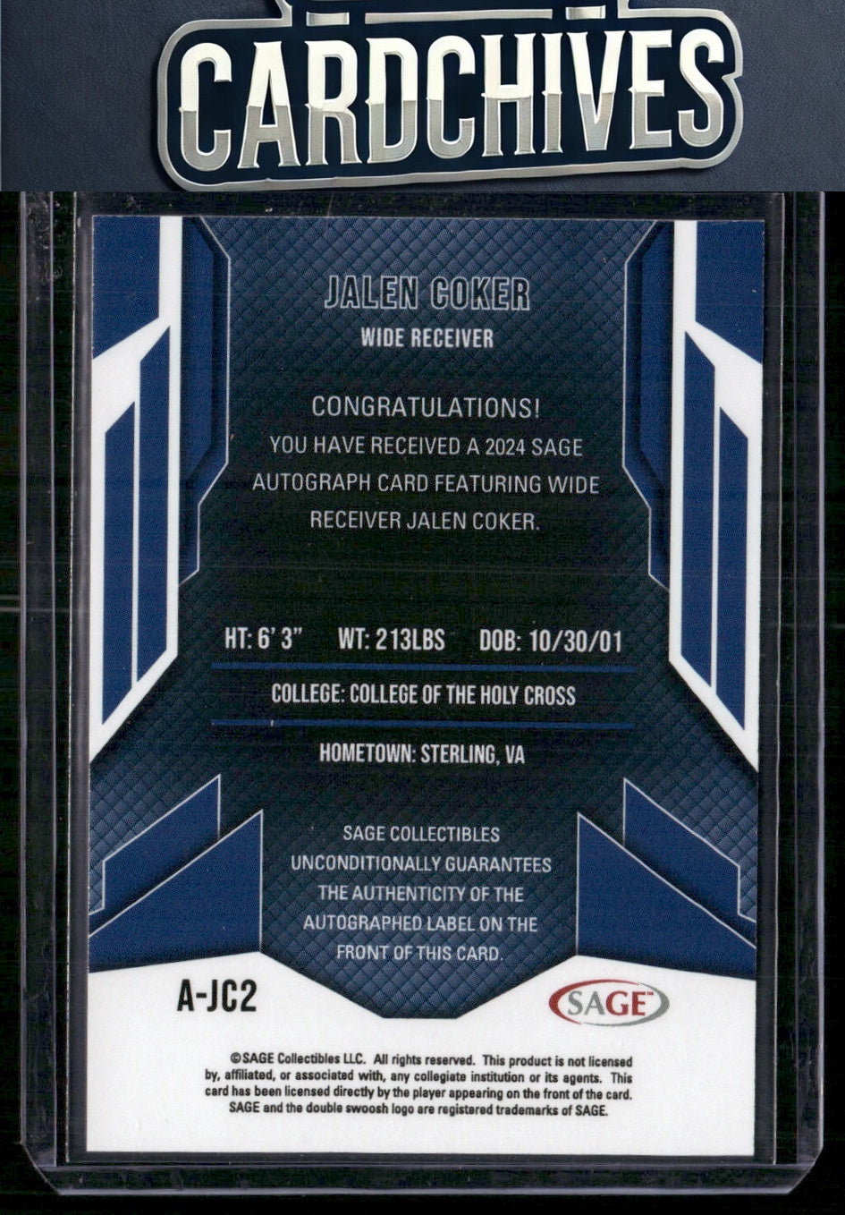 Jalen Coker 2024 SAGE HIT #A-JC2 Autographs Red (High Series) AU