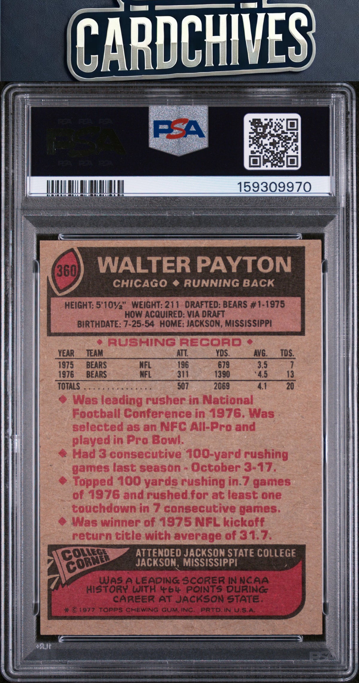Walter Payton 1977 Topps #360 PSA 6 EX-MT