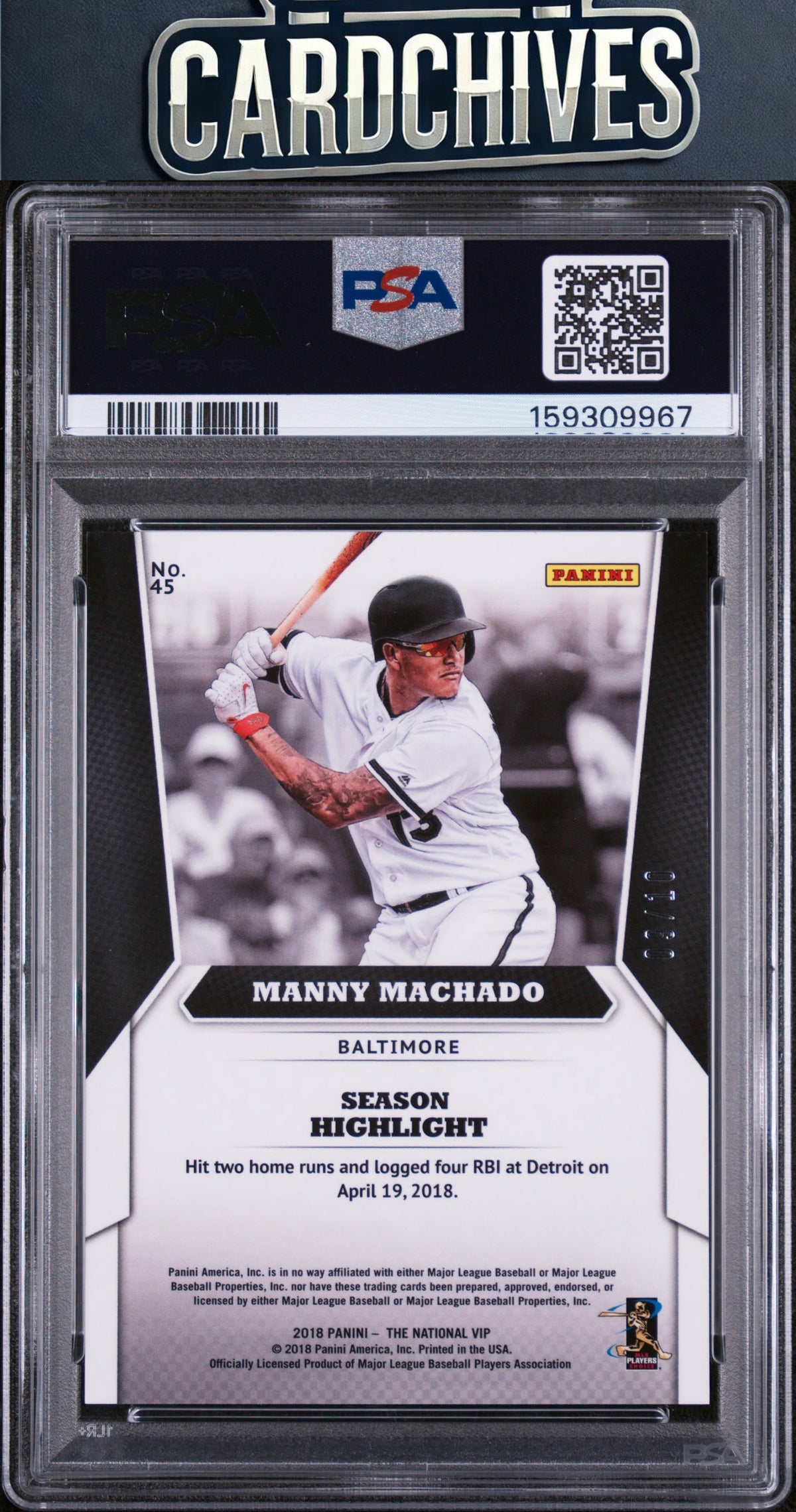Manny Machado 2018 Nat Sports Collect Convention VIP Party #45 Gold #/10 PSA 10