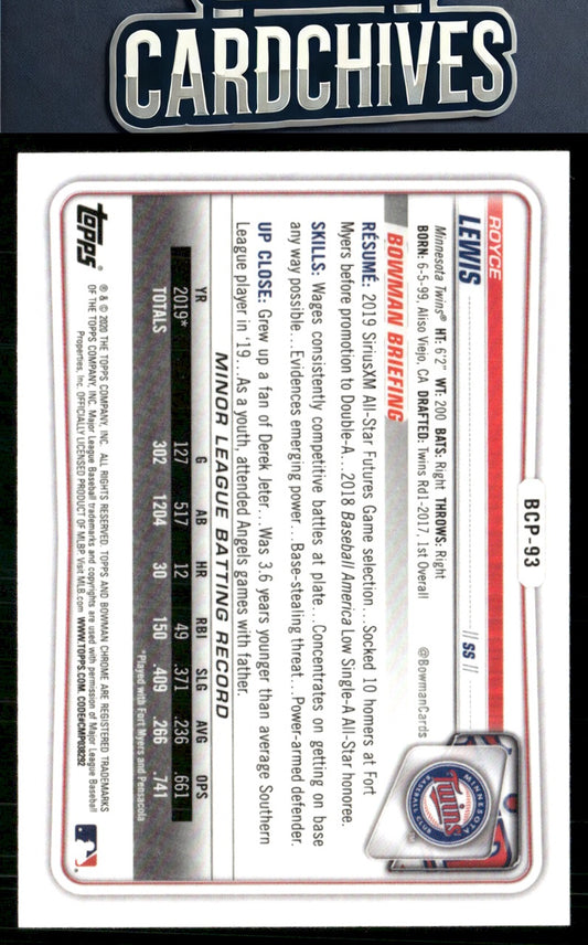 Royce Lewis 2020 Bowman #BCP-93 Chrome Prospects