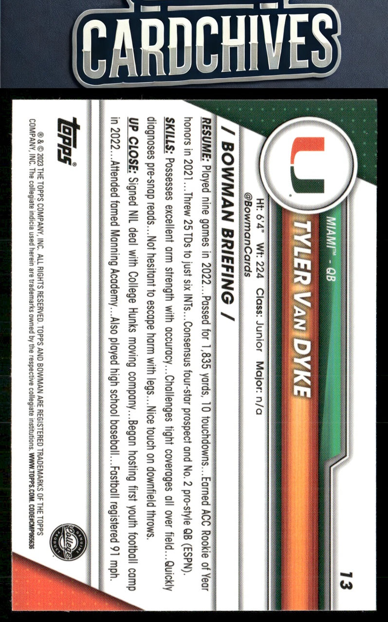 Tyler Van Dyke 2023 Bowman University Chrome #13 Pink Refractor