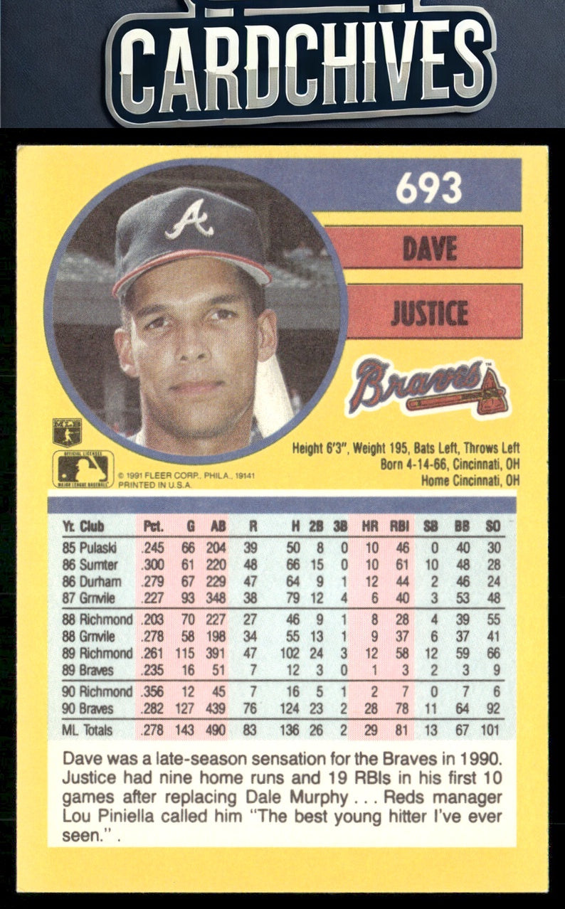 Dave Justice 1991 Fleer #693 : Jumbo Pack version: Text ends with "ever seen.""