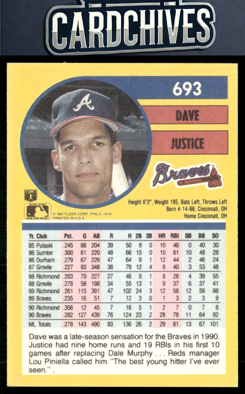 Dave Justice 1991 Fleer #693 : Jumbo Pack version: Text ends with "ever seen.""