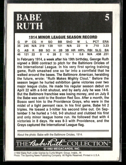 22-9 Record in the Minors 1992 Megacards Babe Ruth #5
