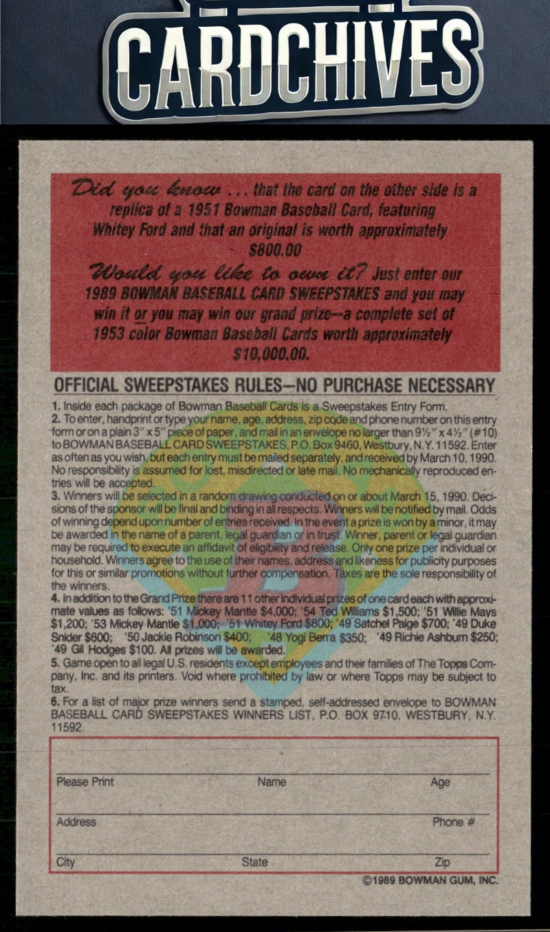 Ed "Whitey" Ford 1989 Bowman #NNO Reprint Sweepstakes