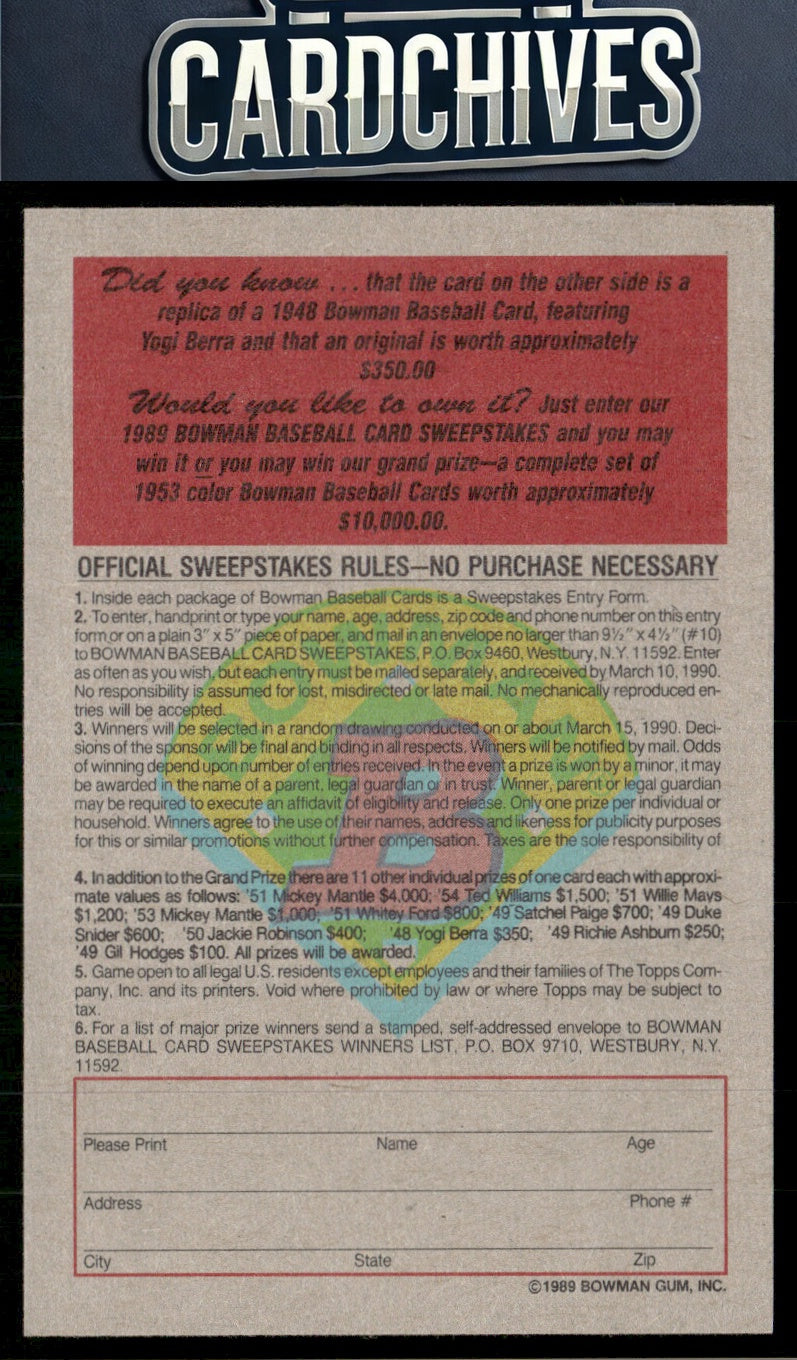 Larry "Yogi" Berra 1989 Bowman #NNO Reprint Sweepstakes