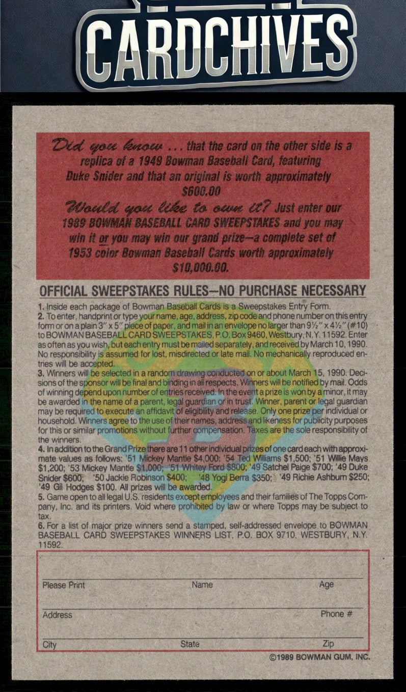 Edwin "Duke" Snider 1989 Bowman #NNO Reprint Sweepstakes