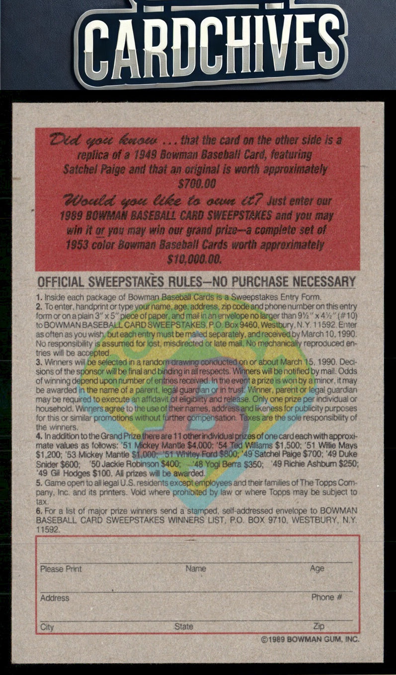 Leroy "Satchel" Paige 1989 Bowman #NNO Reprint Sweepstakes
