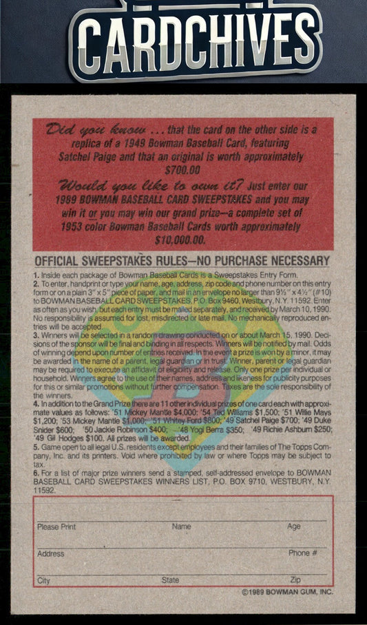Leroy "Satchel" Paige 1989 Bowman #NNO Reprint Sweepstakes