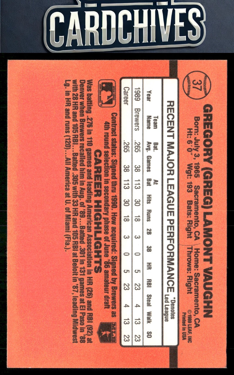 Greg Vaughn 1990 Donruss #37 RC