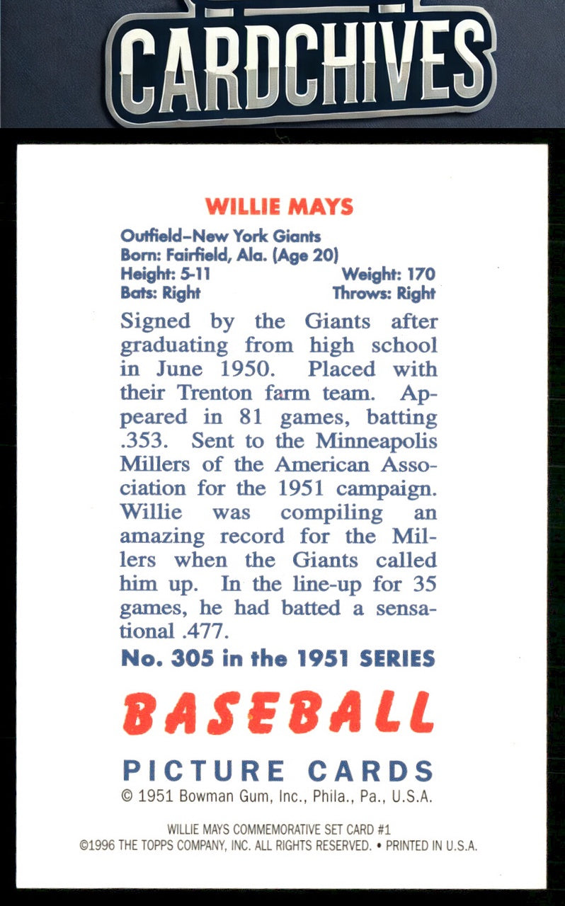 Willie Mays 1997 Topps #1 Willie Mays Commemorative Reprints