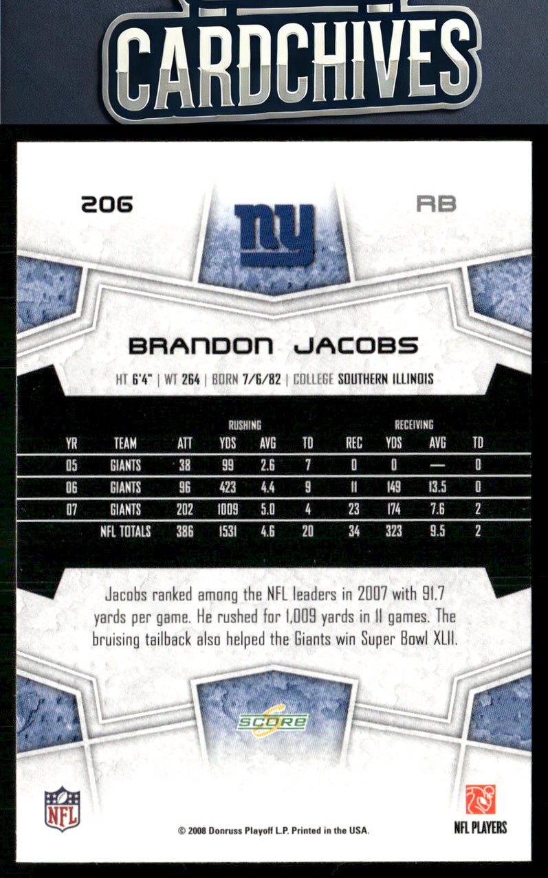 Brandon Jacobs 2008 Score Select #206