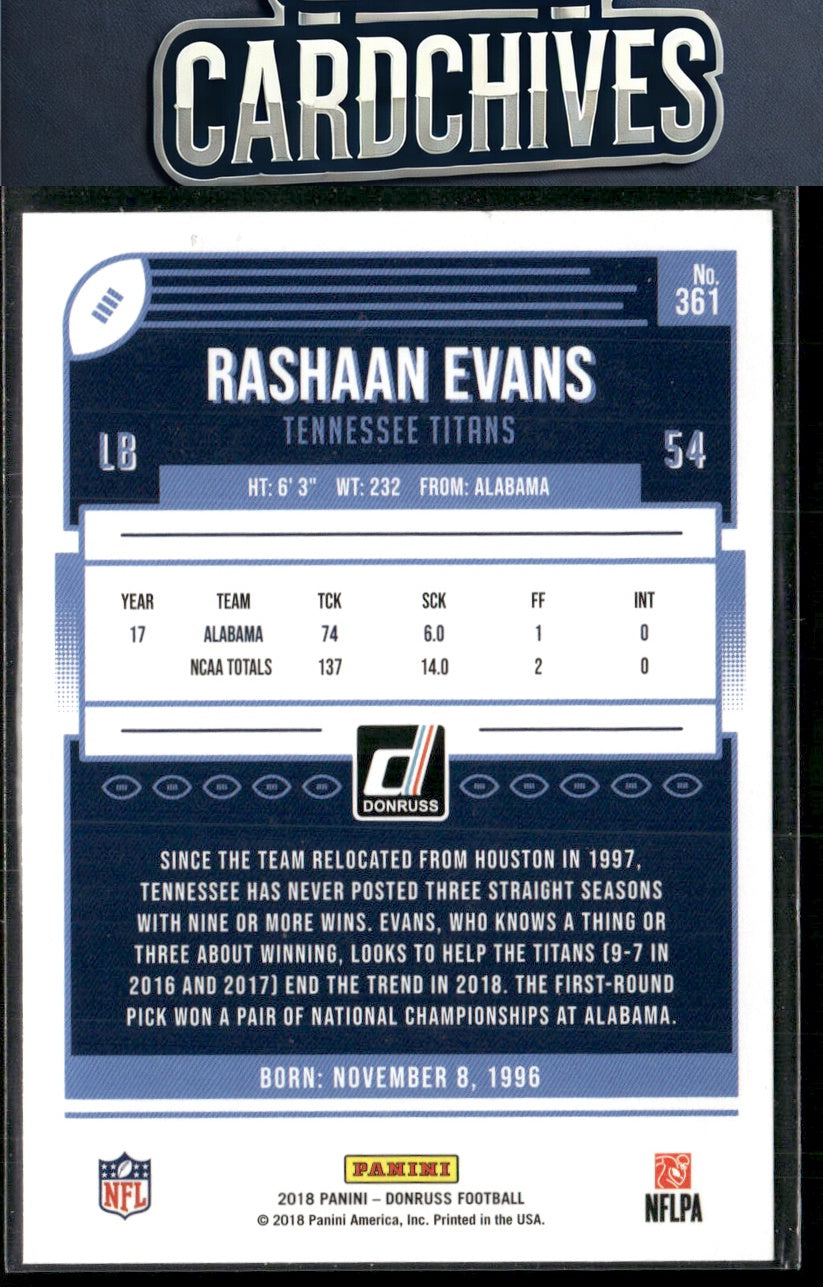 Rashaan Evans 2018 Donruss #361 Press Proof Blue RC